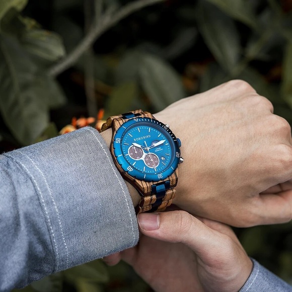 Luxury Zebra Wood Blue Chronograph Military Quartz Watch - Picture 3 of 16